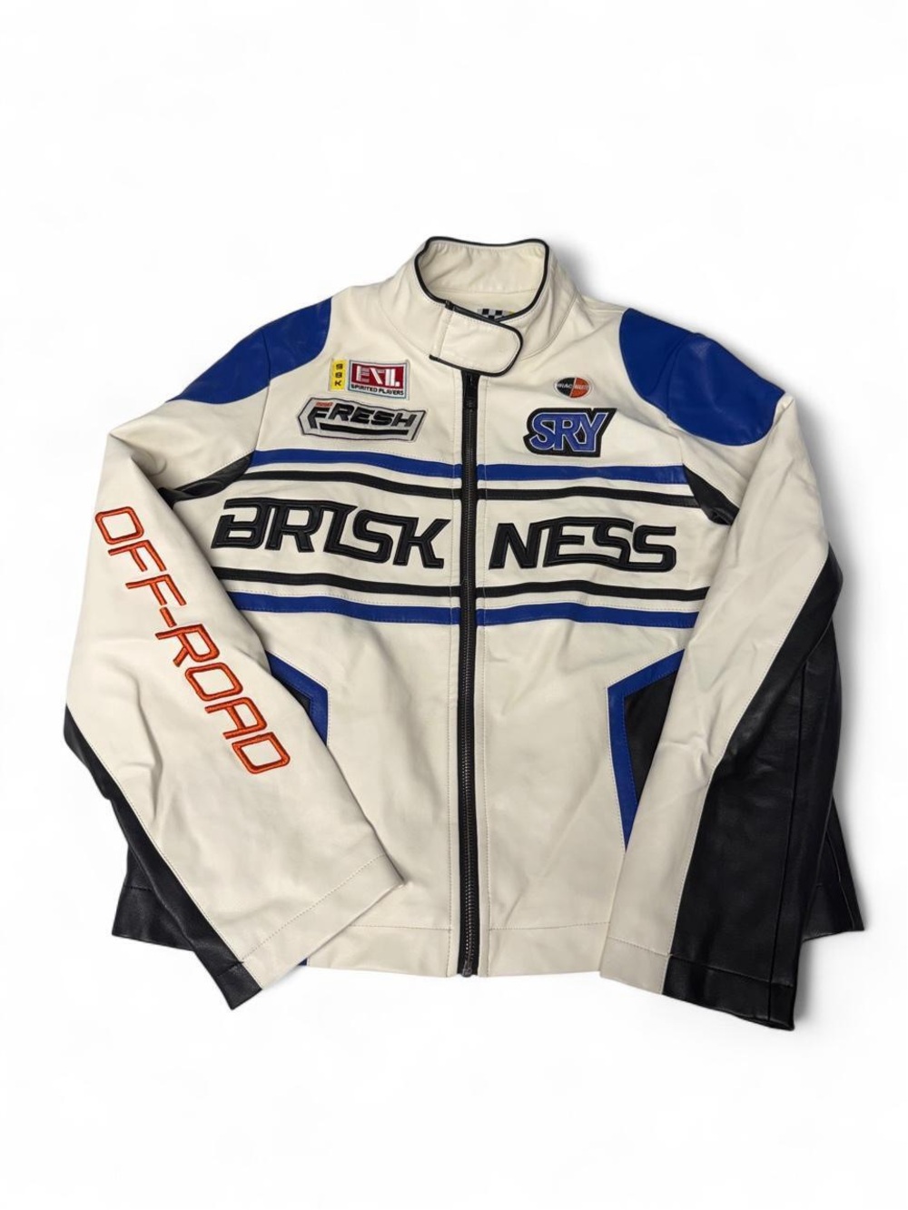 Bershka Y2K Racing Moto Jacket Cream Blue Black L